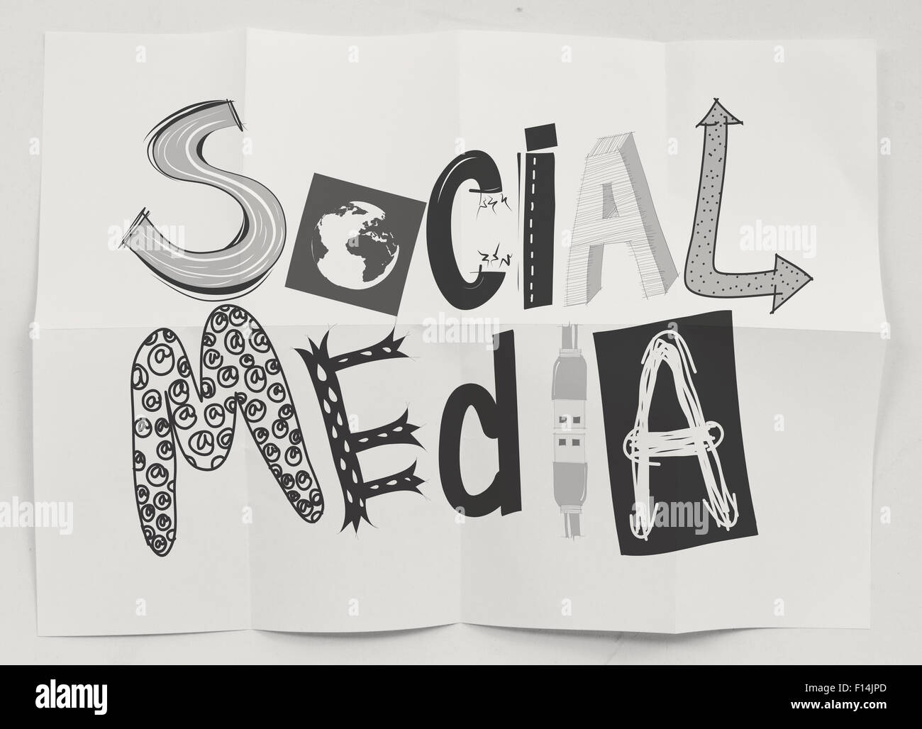hand drawn social media icons on crumpled paper background as concept Stock Photo