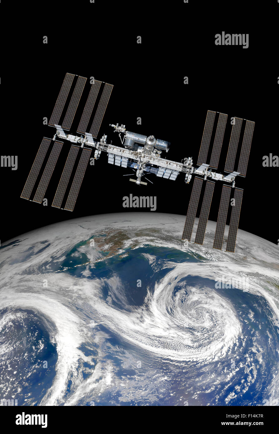 International Space Station over the planet earth. Elements of this image furnished by NASA. Stock Photo