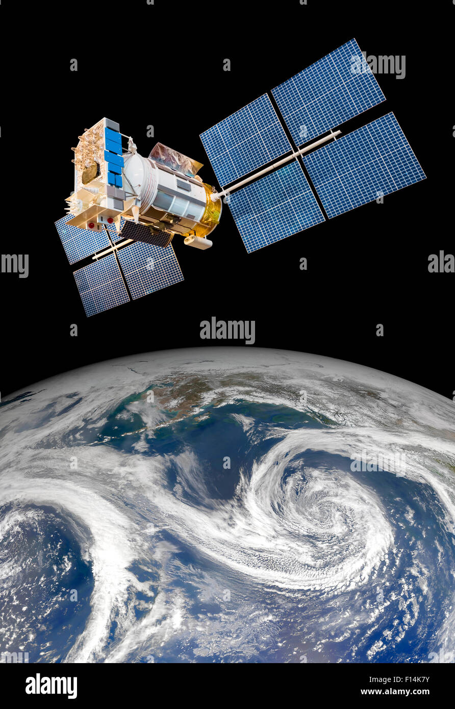 Space satellite orbiting the earth. Elements of this image furnished by NASA. Stock Photo