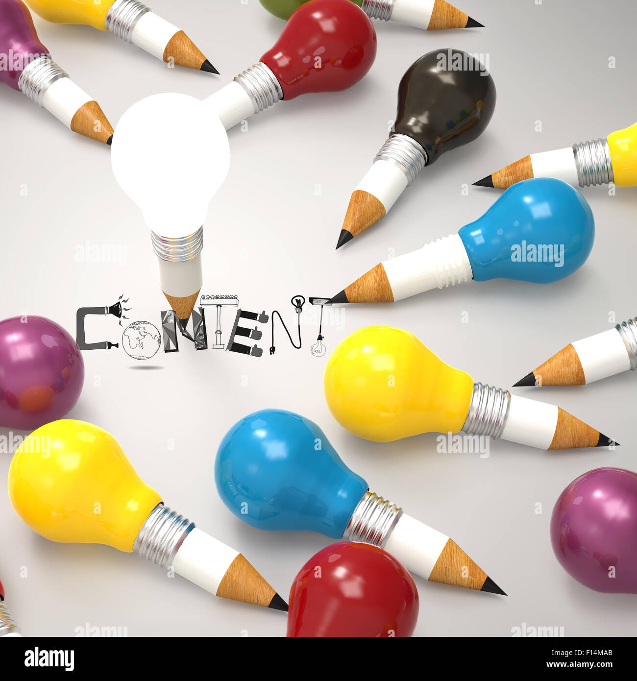 design word CONTENT and pencil lightbulb 3d as concept Stock Photo