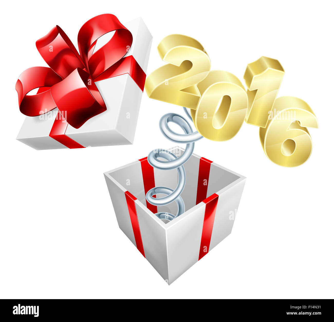 A gift box with red ribbon and bow with a 2016 sign jumping out like a ...