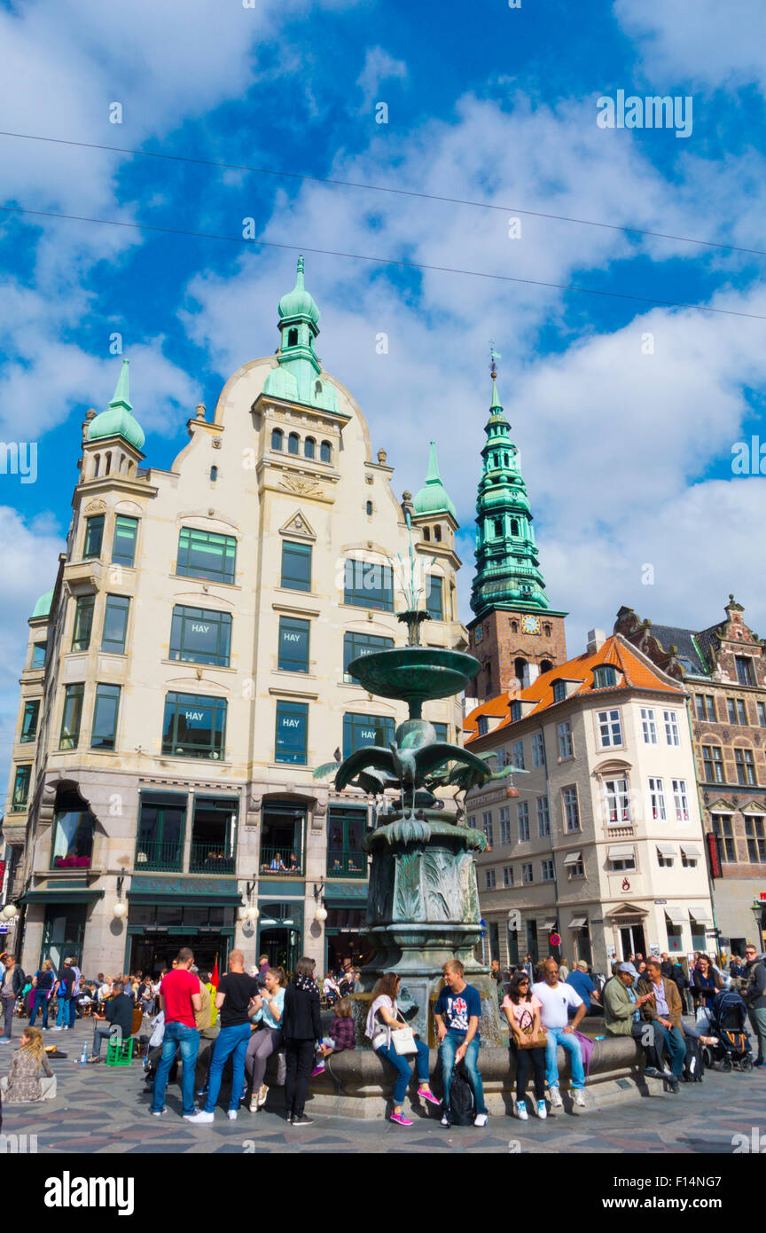 Amagertorv square, along Stroget, with stork fountain, Copenhagen, Denmark Stock Photo