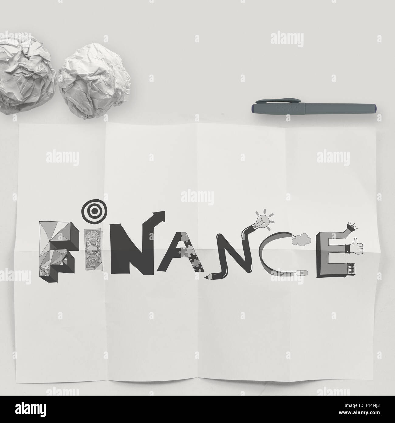 design word FINANCE on white crumpled paper and texture background as ...