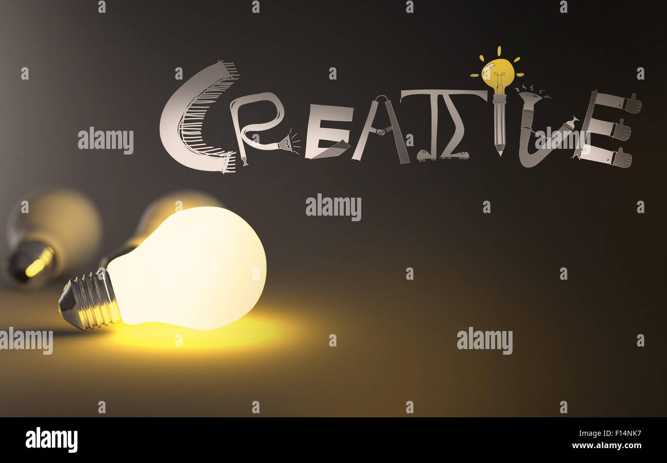 light bulb 3d and hand drawn graphic design word CREATIVE  as concept Stock Photo