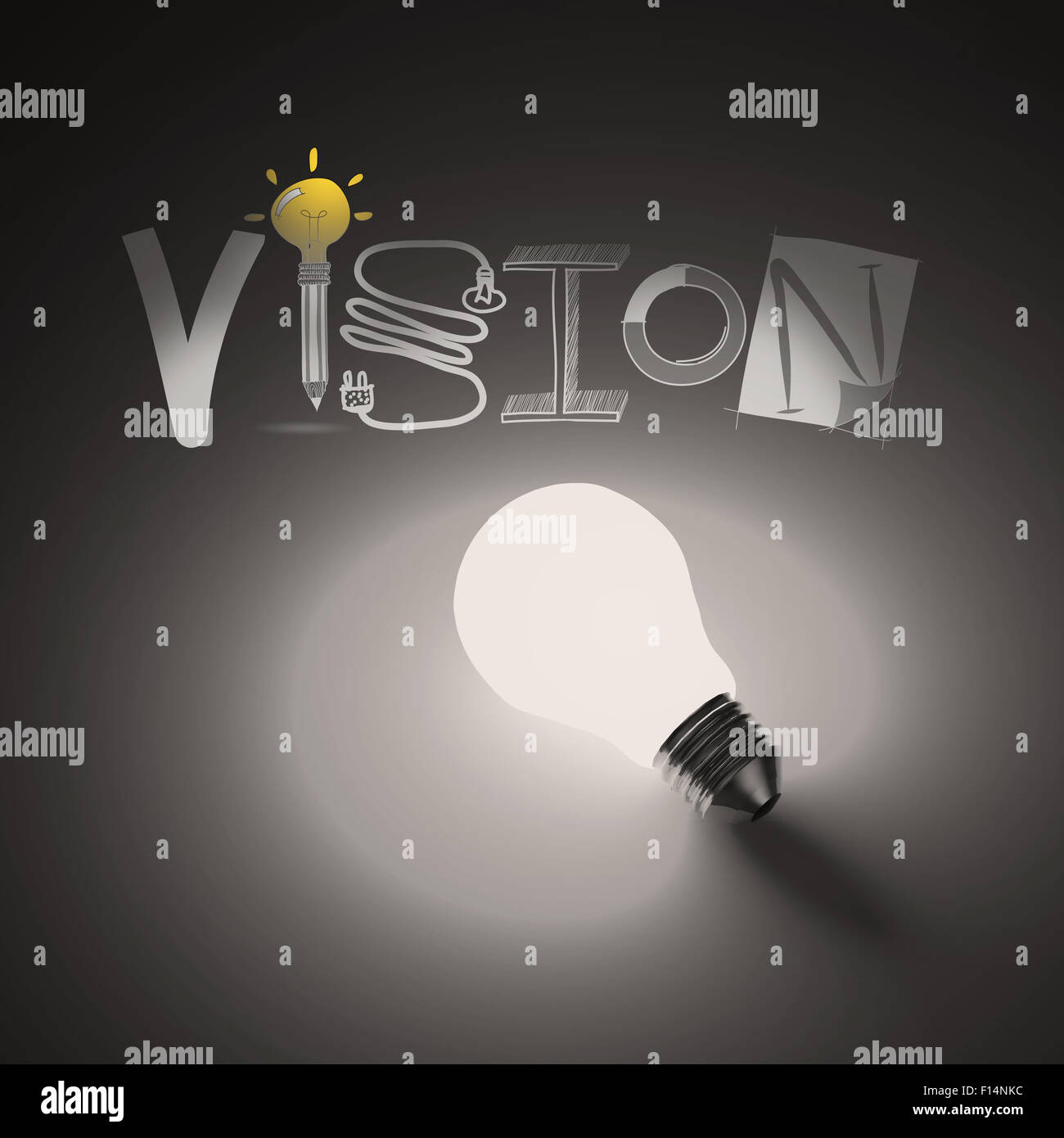 light bulb 3d and hand drawn graphic design word VISION  as concept Stock Photo
