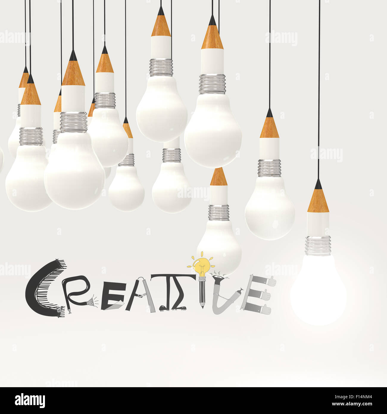 pencil lightbulb 3d and design word CREATIVE as concept Stock Photo - Alamy