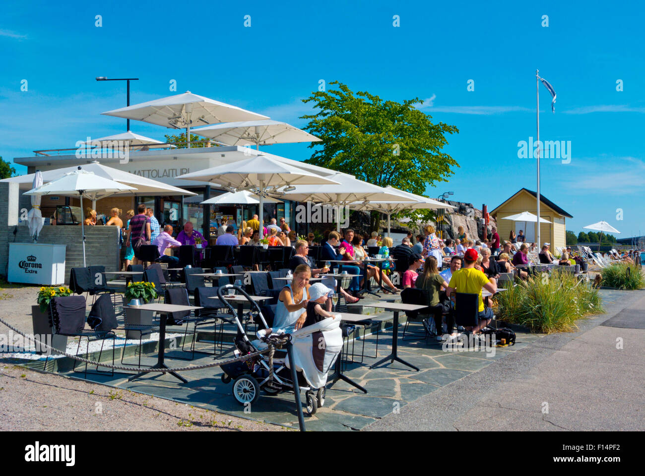 Mattolaituri, summertime cafe, bar and restaurant, in front of Kaivopuisto park, Helsinki, Finland Stock Photo