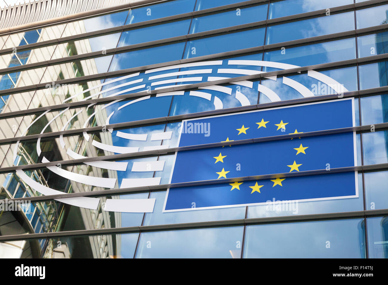 Logo of the European Parliament at the facade of European Parliament building in Leopold Square. August 21, 2015 in Brussels, Be Stock Photo