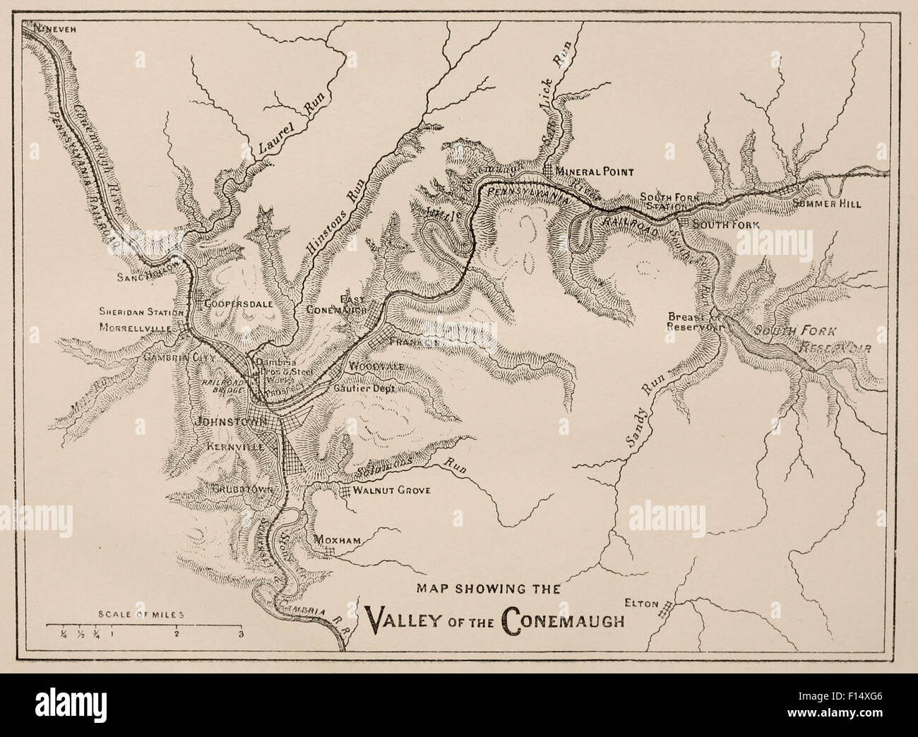 Map showing the Valley of the Conemaugh at the time of the Johnstown Flood, 1889 Stock Photo