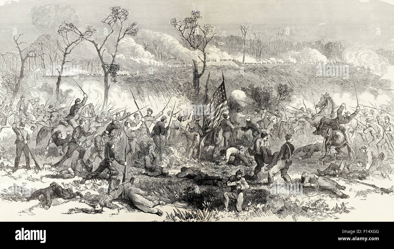 Gallant charge of the Seventeenth, Forty-Eighth and Forty-Ninth Regiments of Illinois Volunteers, led by Colonel Morrison on the outworks of Fort Donelson, February 13th, 1862. USA Civil War Stock Photo