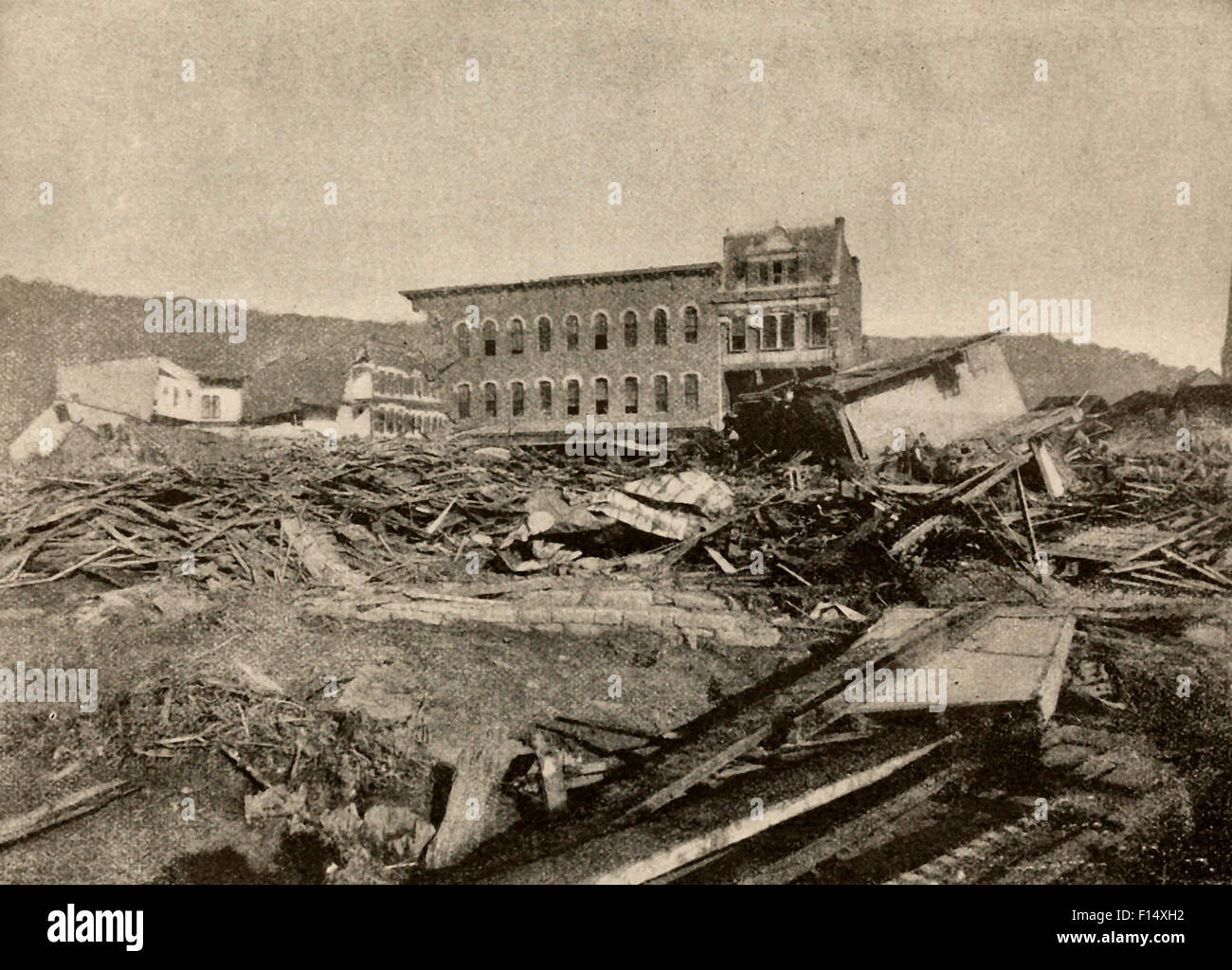 Site of Holbert House and wrecked business block on Main Street, in Johnstown Pennsylvania, after the flood, 1889 Stock Photo