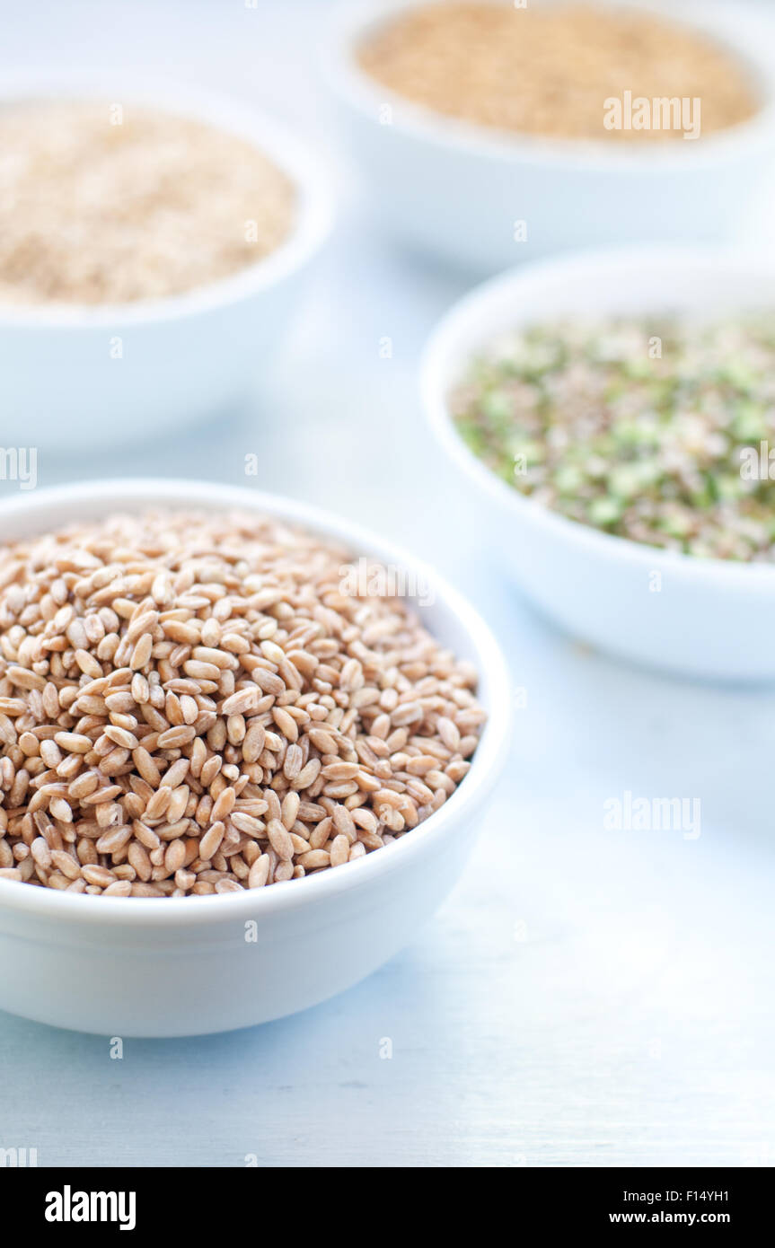 Cereal grains , barley , soybean , rice , millet , spelled Stock Photo