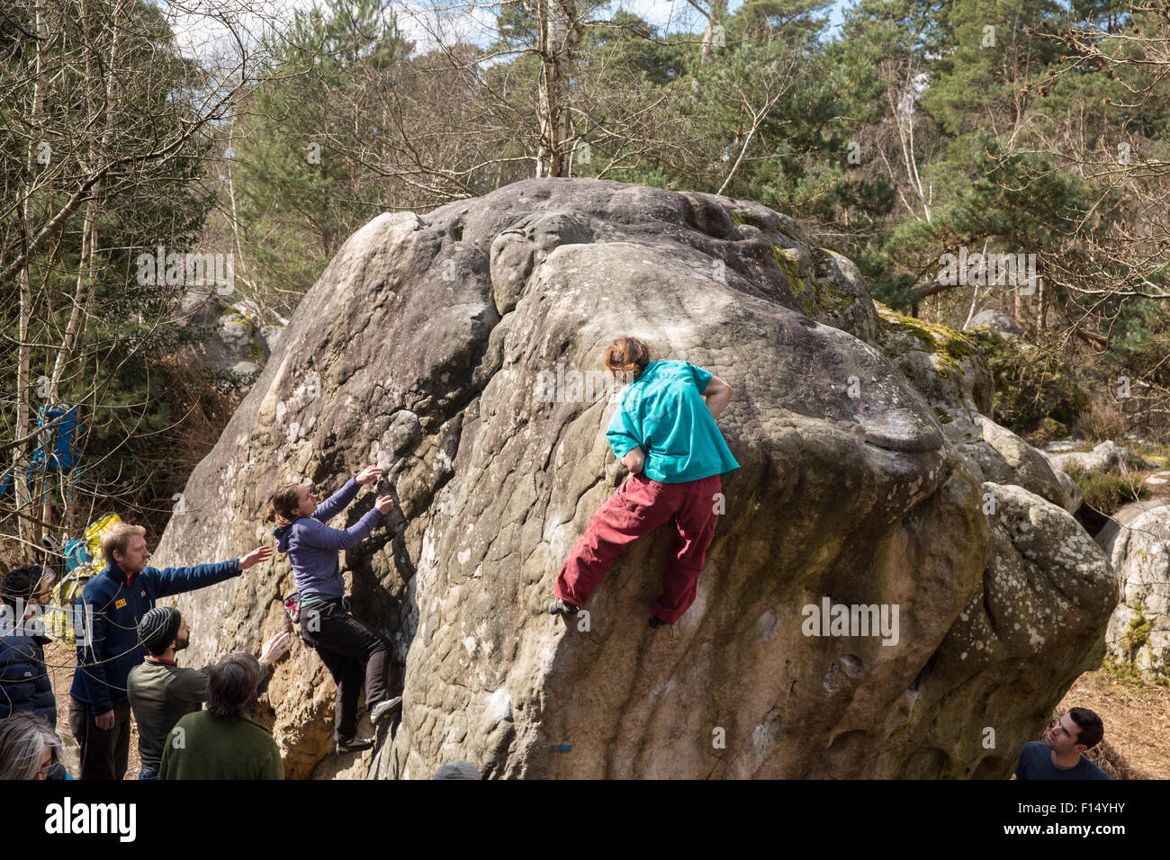 Bouldering in Fontainebleau Stock Photo