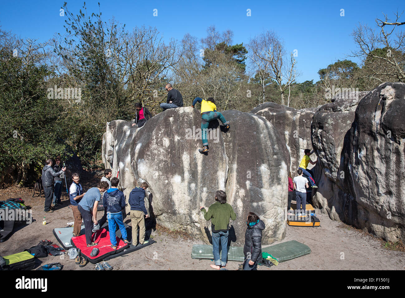 Bouldering in Fontainebleau Stock Photo