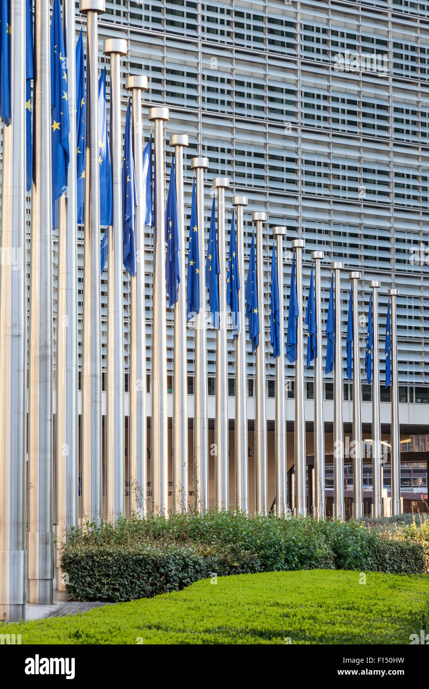 European Union flags in front of the European Comission building in Brussels, Belgium Stock Photo