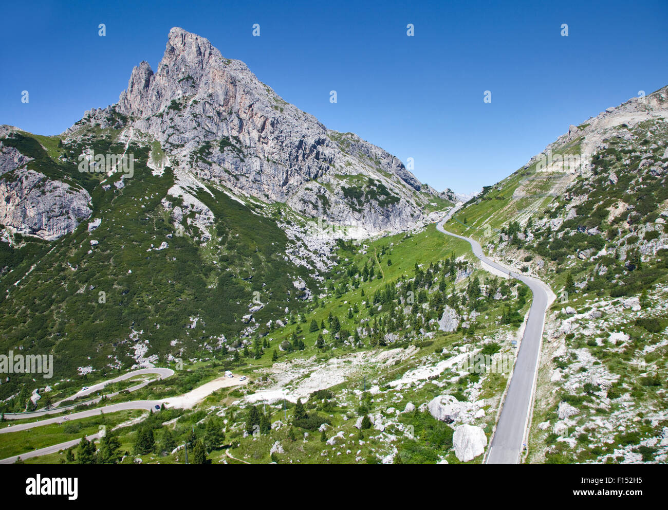 Sass di Stria and Valparola Pass, Dolomites, Italy Stock Photo