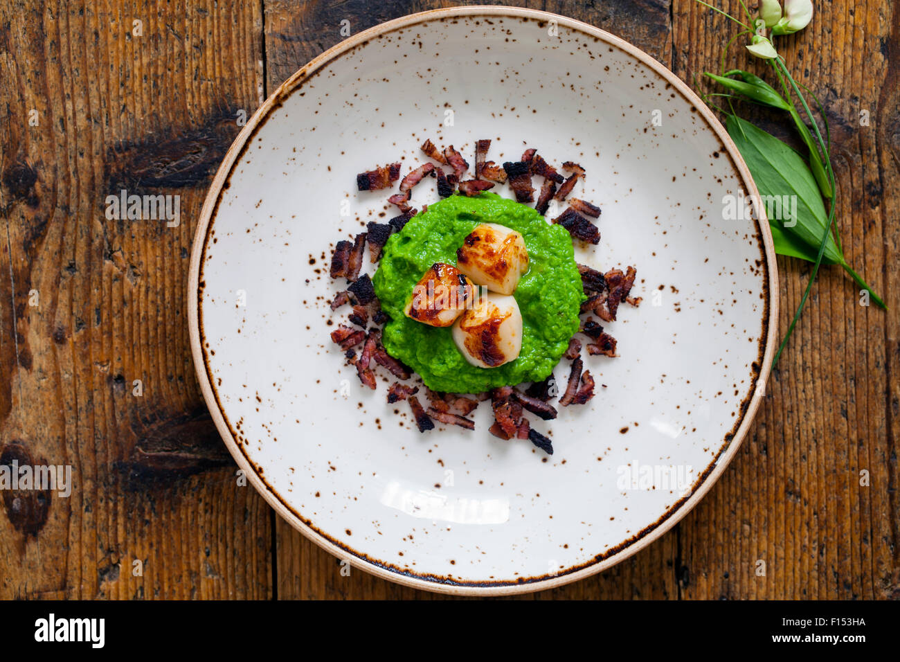 Scallops with pea puree and crispy bacon Stock Photo Alamy