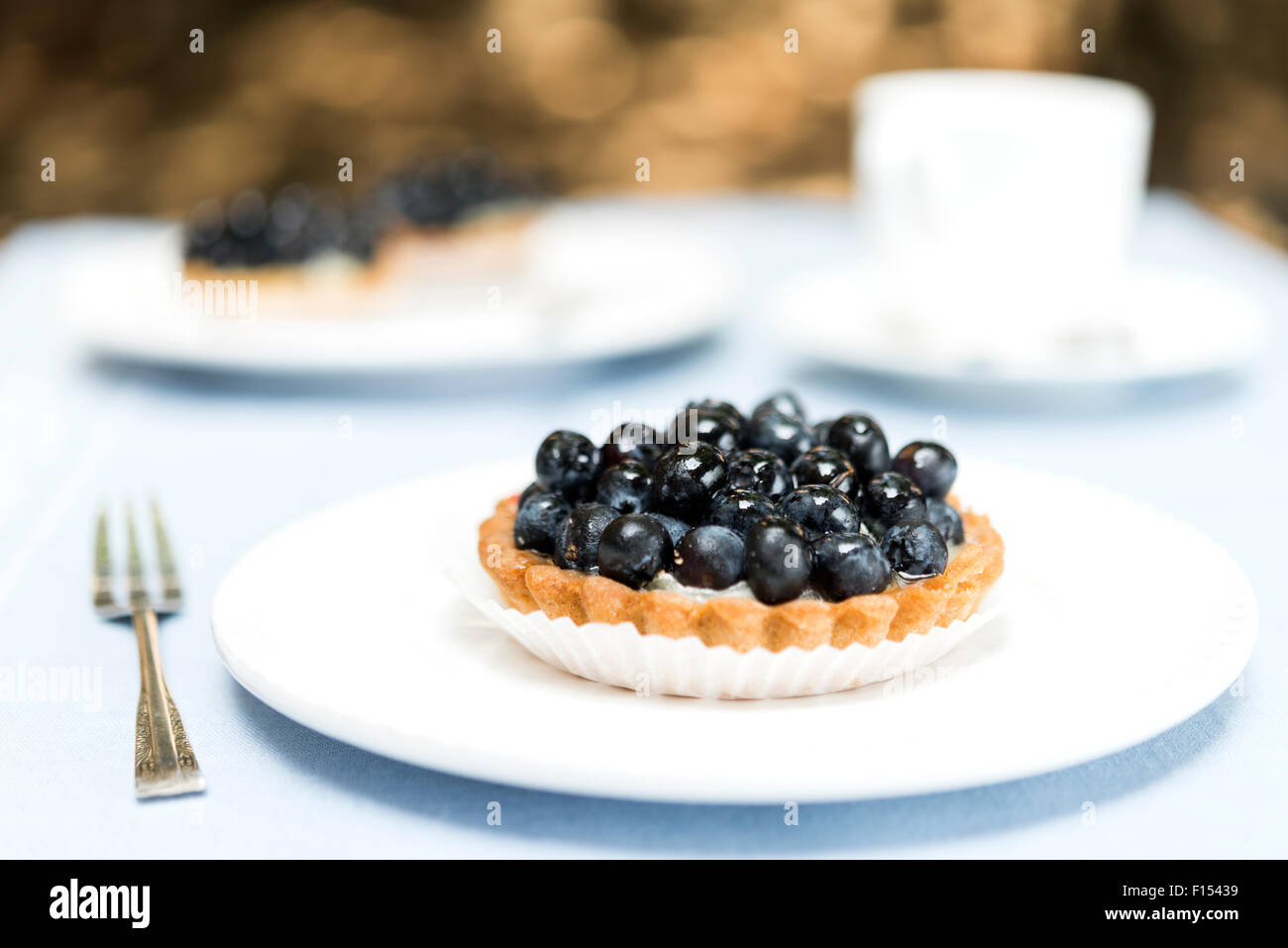 Close up of fresh blueberry pie tart on white plate and blue table Stock Photo