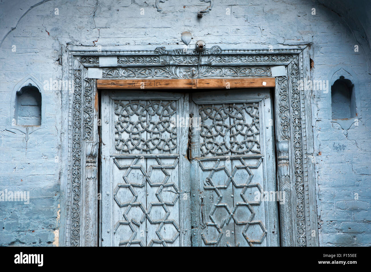 India, Jammu & Kashmir, Srinagar, old town, blue painted door decorated