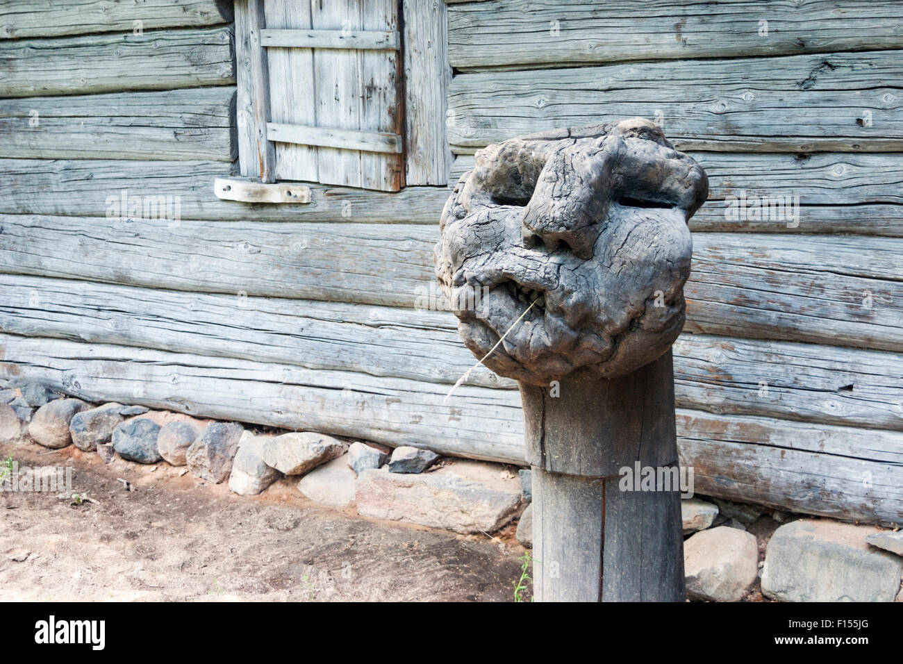 Interesting face sculpture made out of a tree trunk at Latvian Ethnographic Open-air Museum Stock Photo