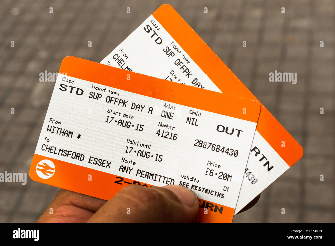 Pair of return train tickets from England Stock Photo