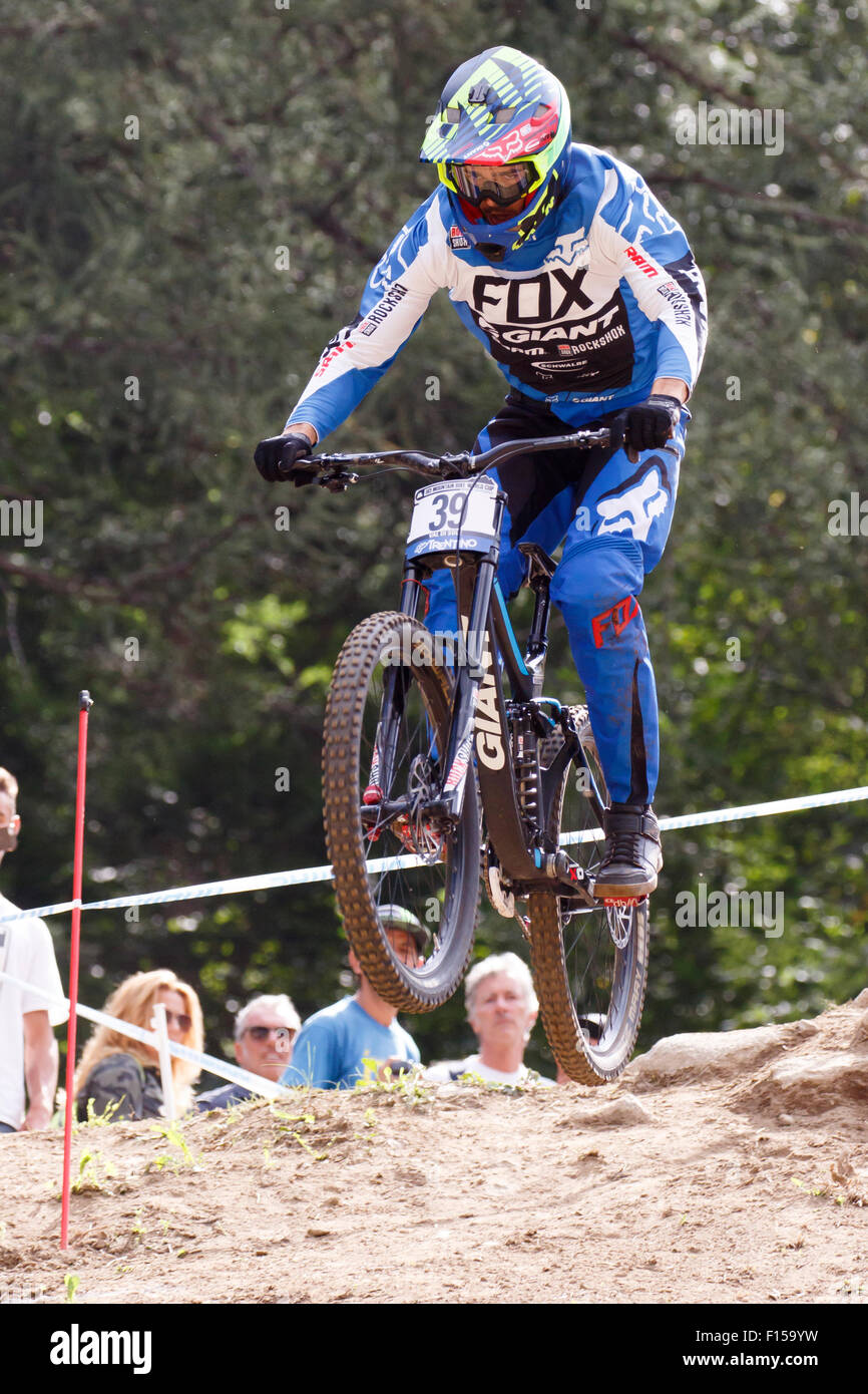 Val Di Sole, Italy - 22 August 2015: Giant Factory Off-Road Team, Rider Cauvin Guillaume in action during the mens Downhill Stock Photo