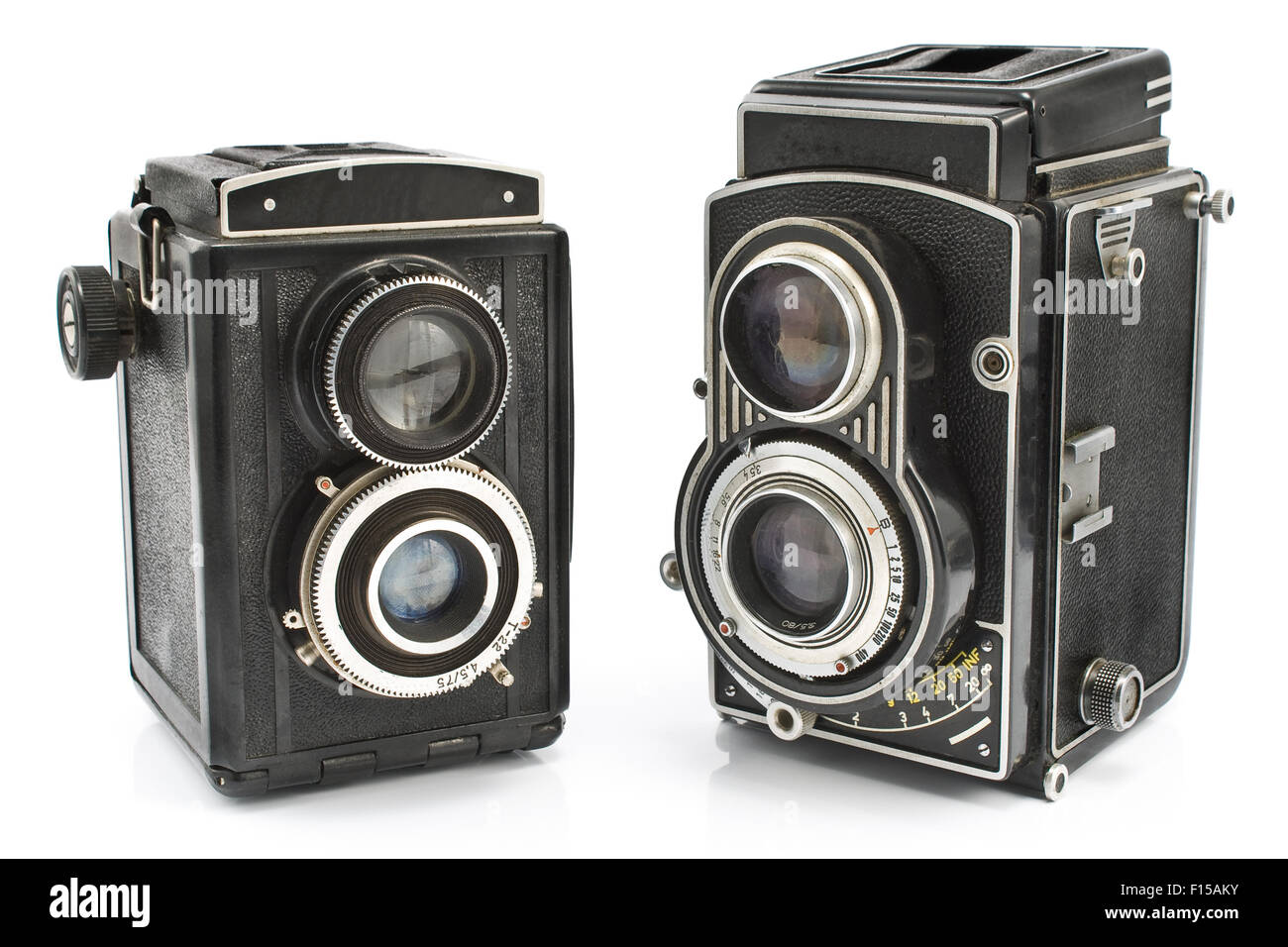 Two vintage two lens photo camera isolated on white Stock Photo