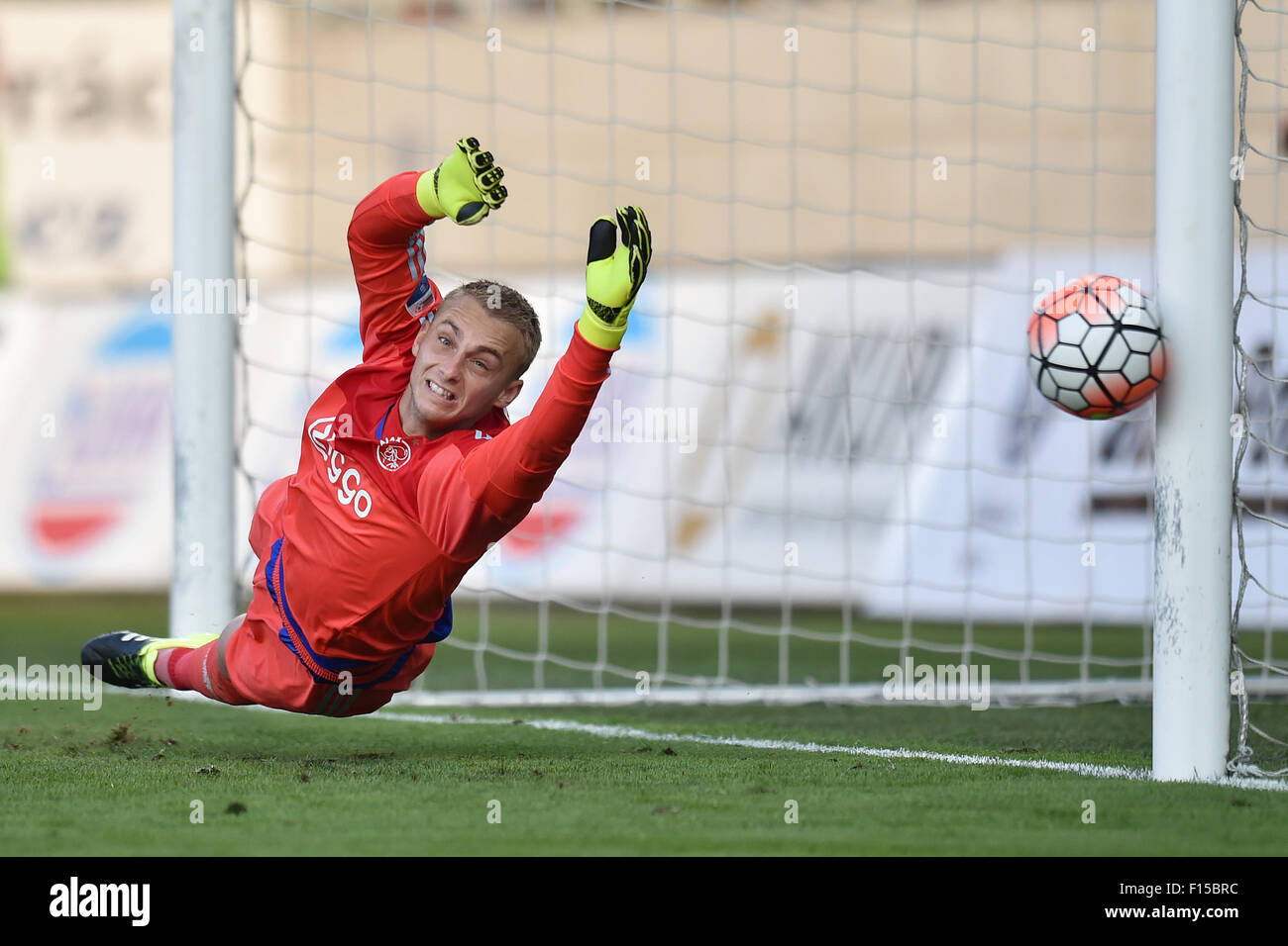 Goalkeeper Jasper Cillessen of Ajax, right, saves penalty during the fourth qualifying round of the UEFA Europa League match FK Jablonec vs Ajax Amsterdam in Jablonec nad Nisou, Czech Republic, on Thursday, August 27, 2015. (CTK Photo/Radek Petrasek) Stock Photo