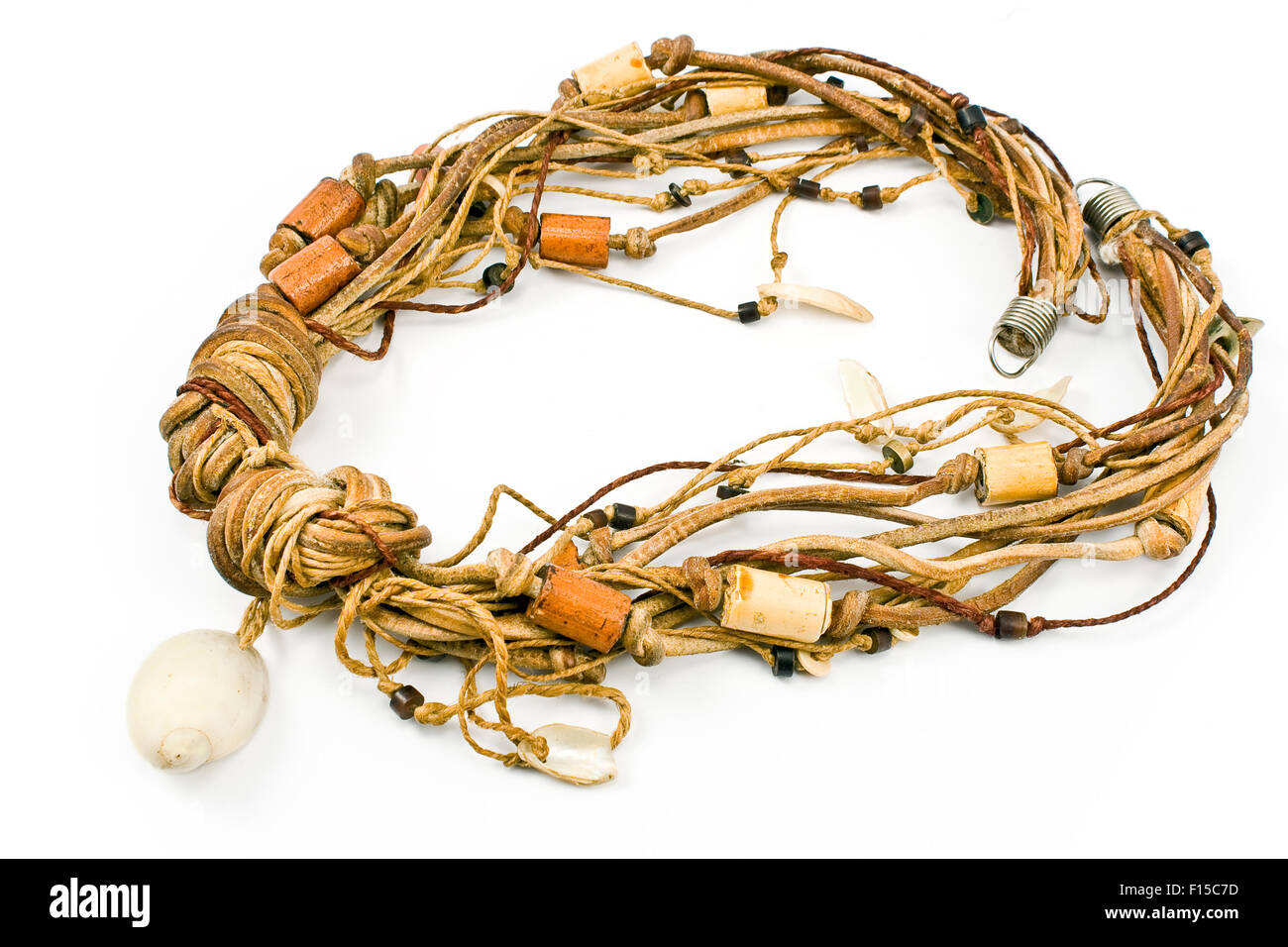 Necklace with leather strips and spiral shell isolated on white Stock