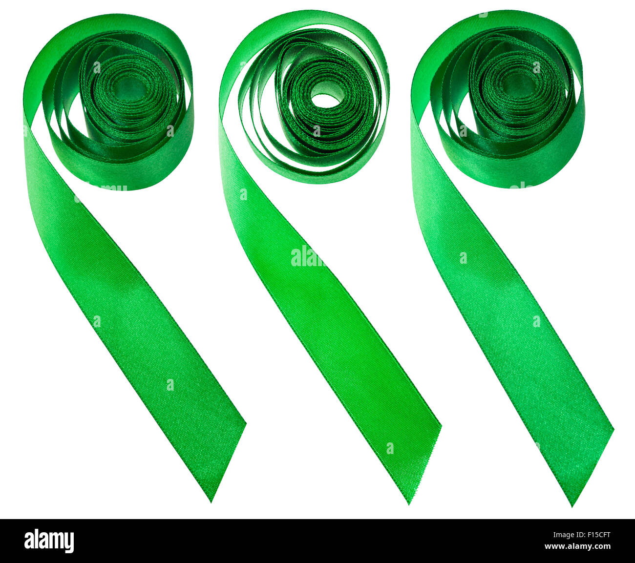 set of green satin decorative ribbons isolated on white background