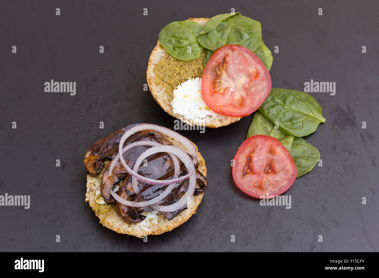 Portobello mushroom sandwich with goat cheese and pesto Stock Photo Alamy