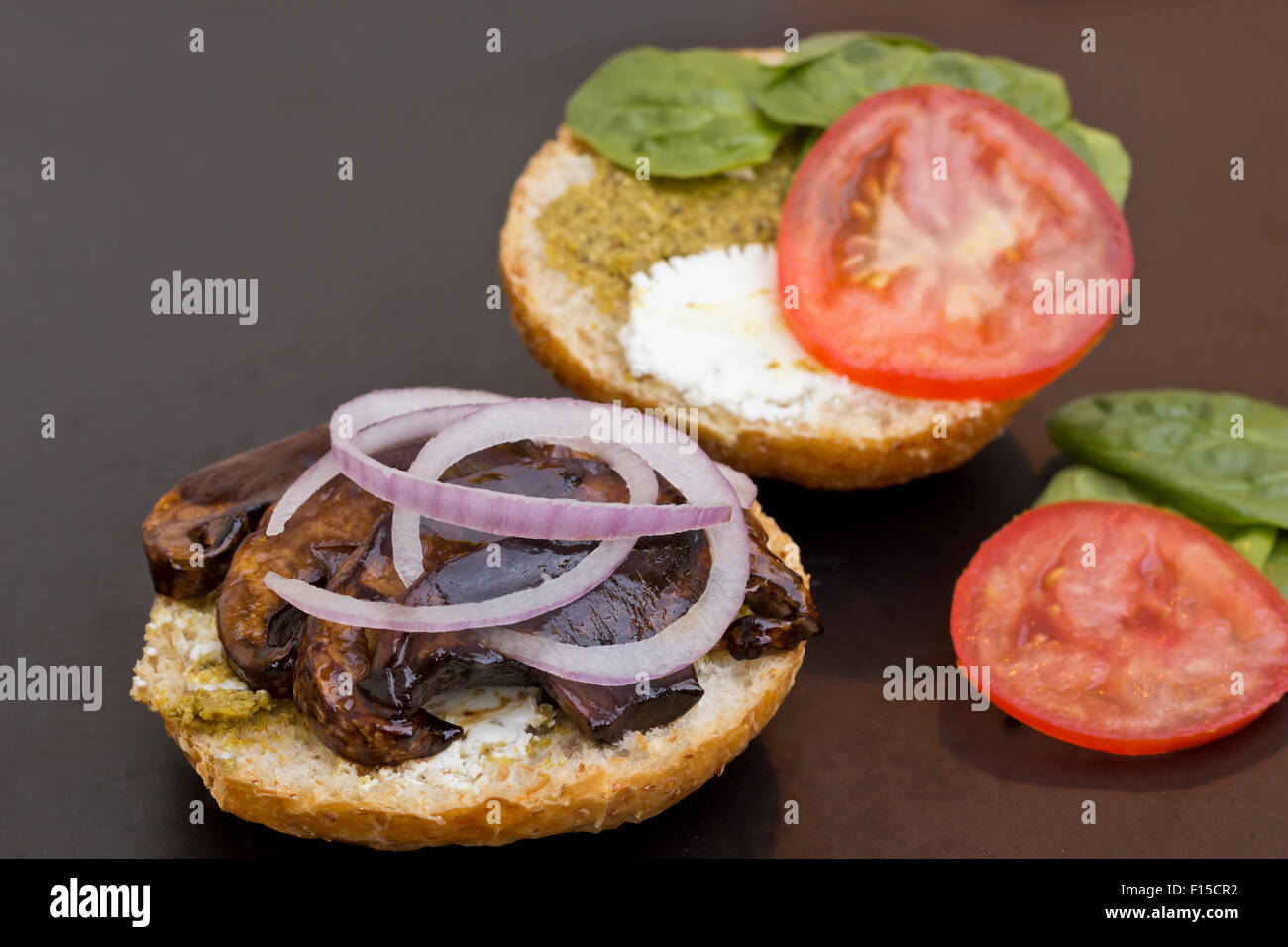 Portobello mushroom sandwich with goat cheese and pesto Stock Photo Alamy