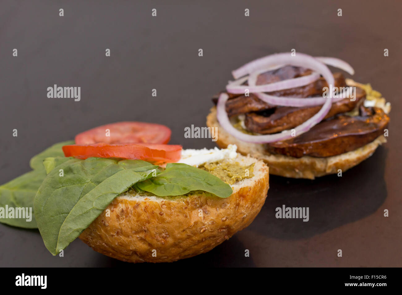 Portobello mushroom sandwich with goat cheese and pesto Stock Photo Alamy