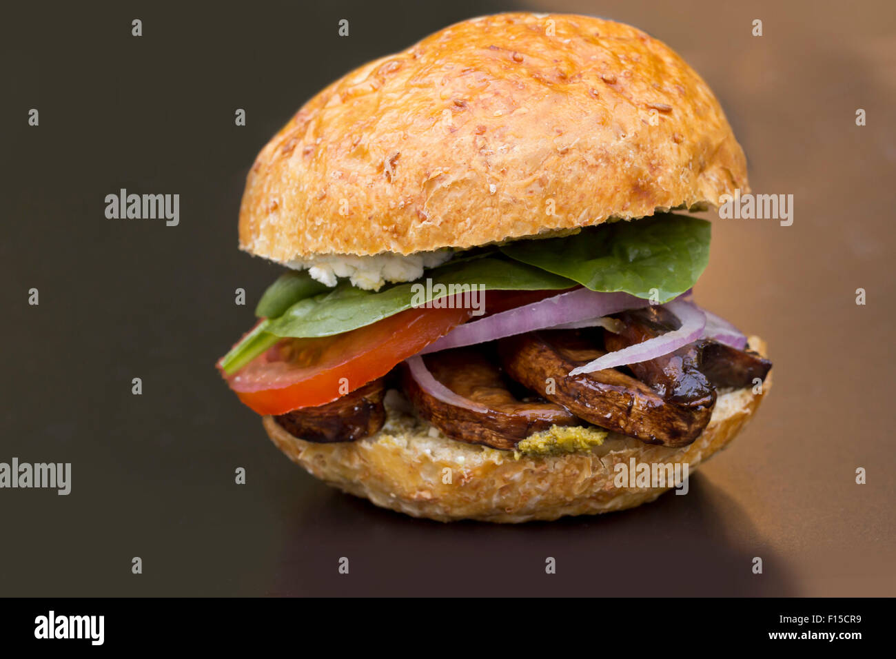 Portobello mushroom sandwich with goat cheese and pesto Stock Photo Alamy