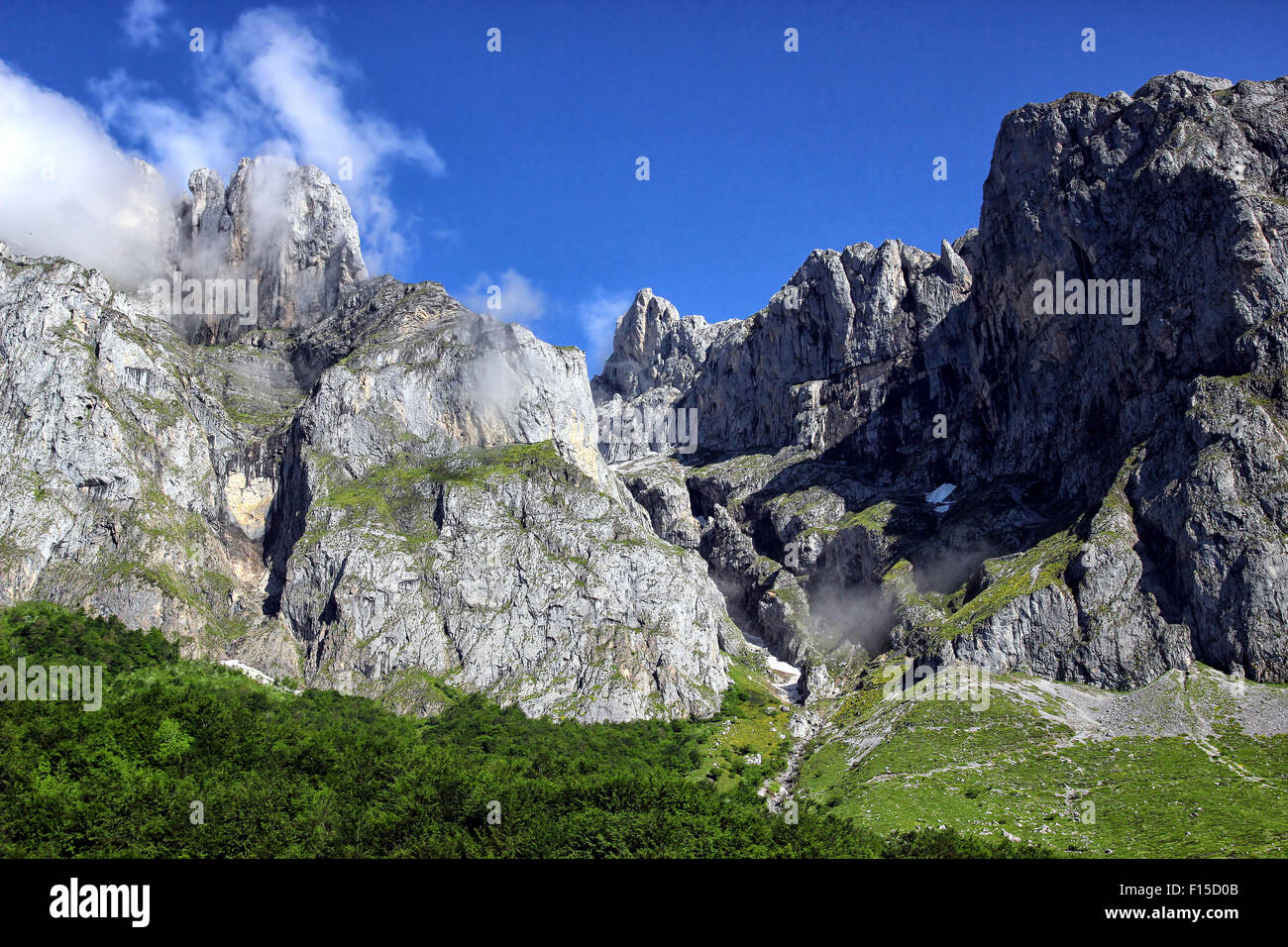 The alpine mountain tops of Picos De Europa, Cantabrian Mountains, Spain. Stock Photo