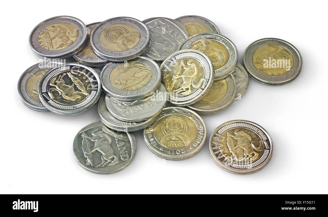 Small Pile of scattered five rand coins Stock Photo