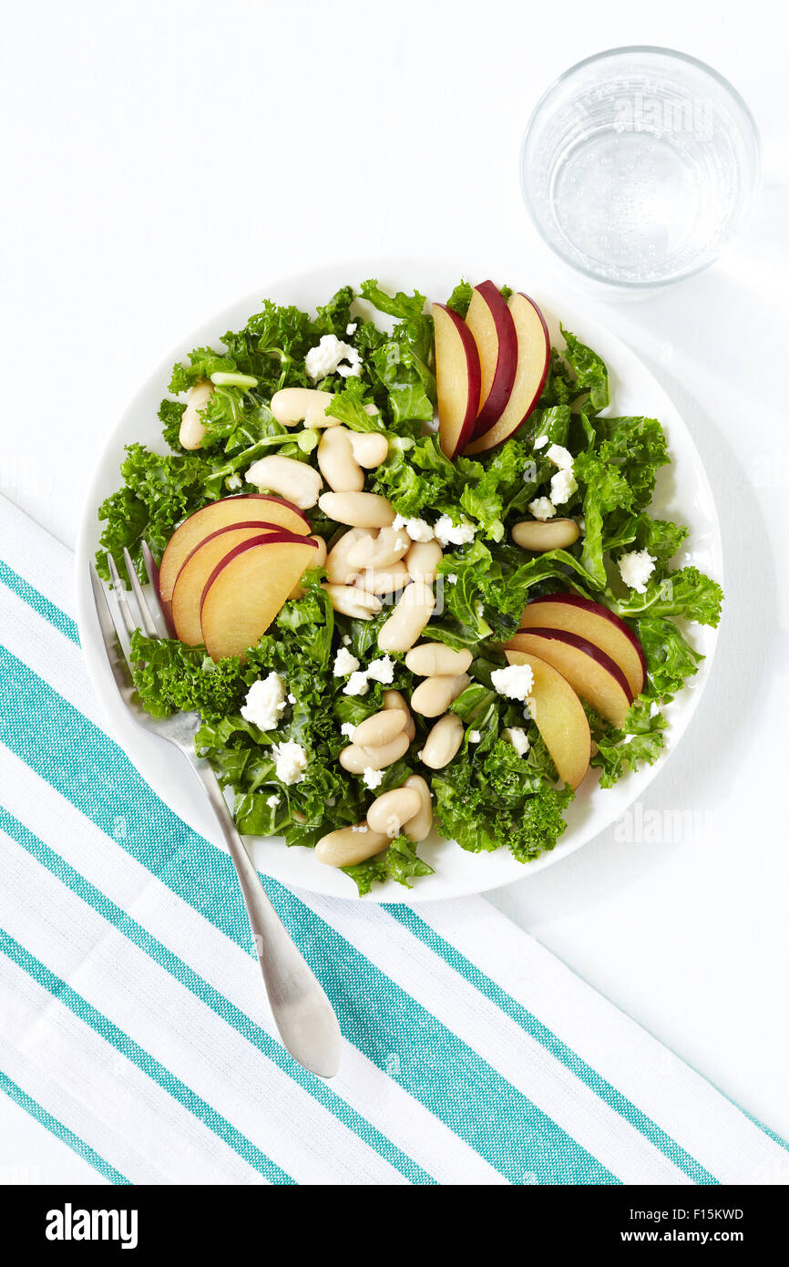 Kale, sliced plum, white bean and feta salad with blue striped napkin, fork and glass of water, studio shot on white background Stock Photo