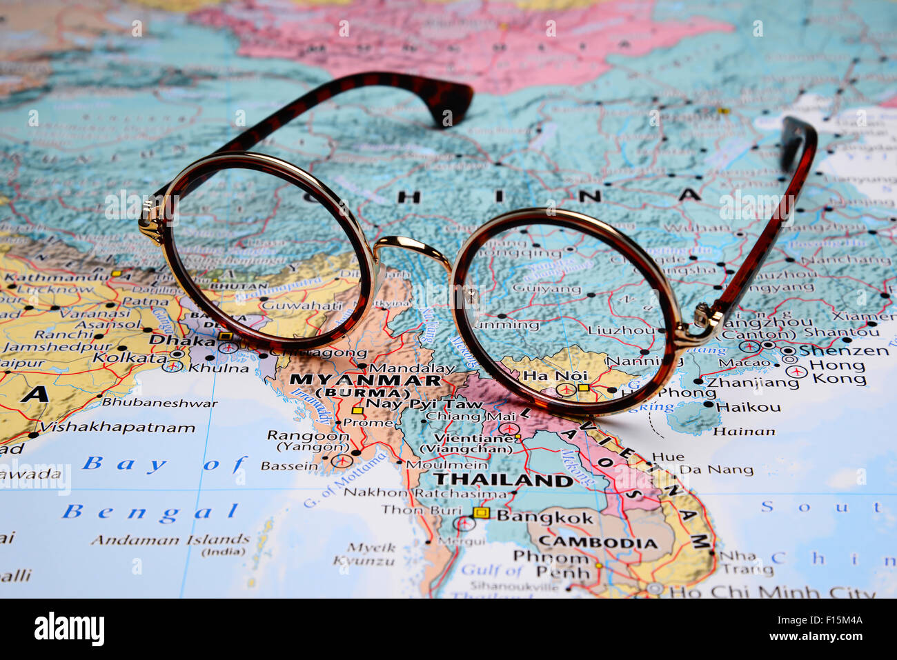 Glasses on a map of Asia - Hanoi Stock Photo - Alamy