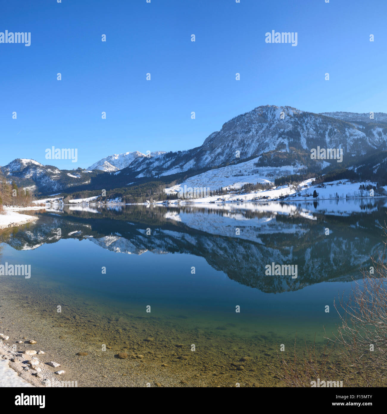 Landscape of Grundlsee Lake on Sunny Day in Winter, Liezen District, Styria, Austria Stock Photo