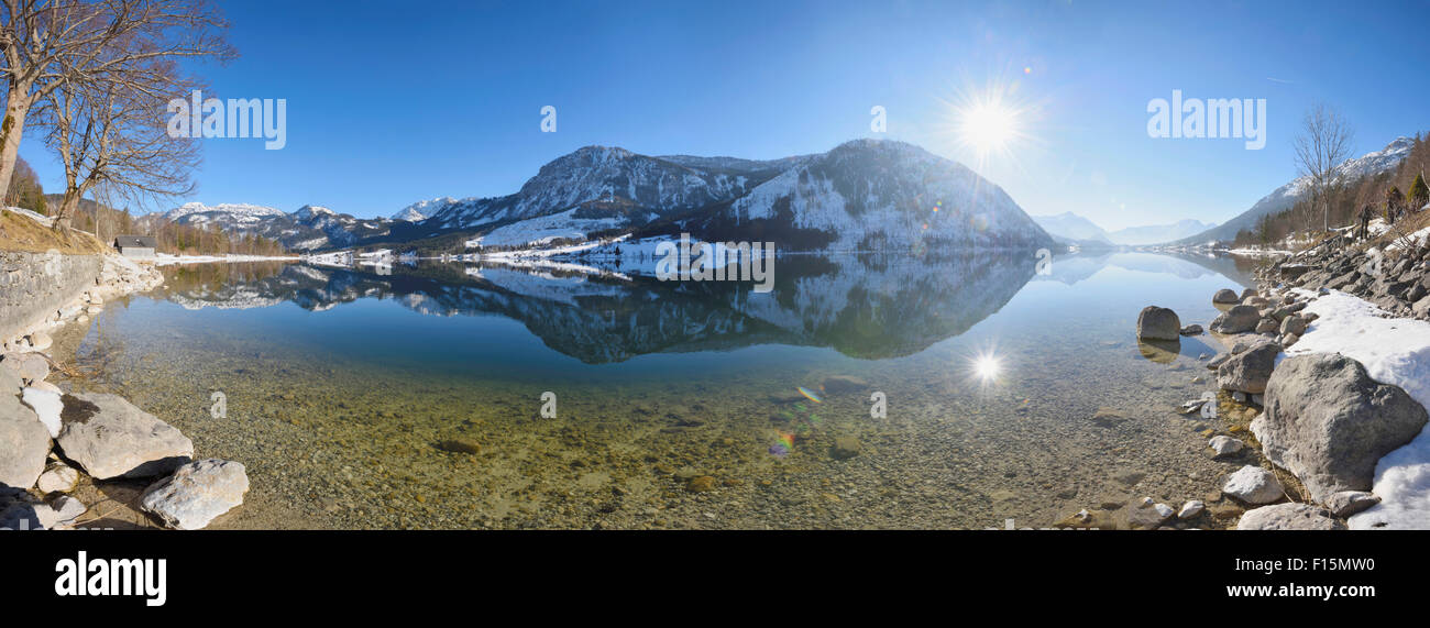 Landscape of Grundlsee Lake on Sunny Day in Winter, Liezen District, Styria, Austria Stock Photo