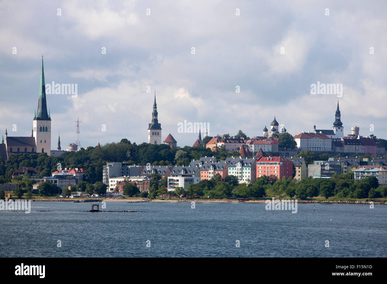 Tallinn Estonia showing a view from the sea the Old Town City Centre and St. Olaf's Church in the Baltic Sea region Stock Photo