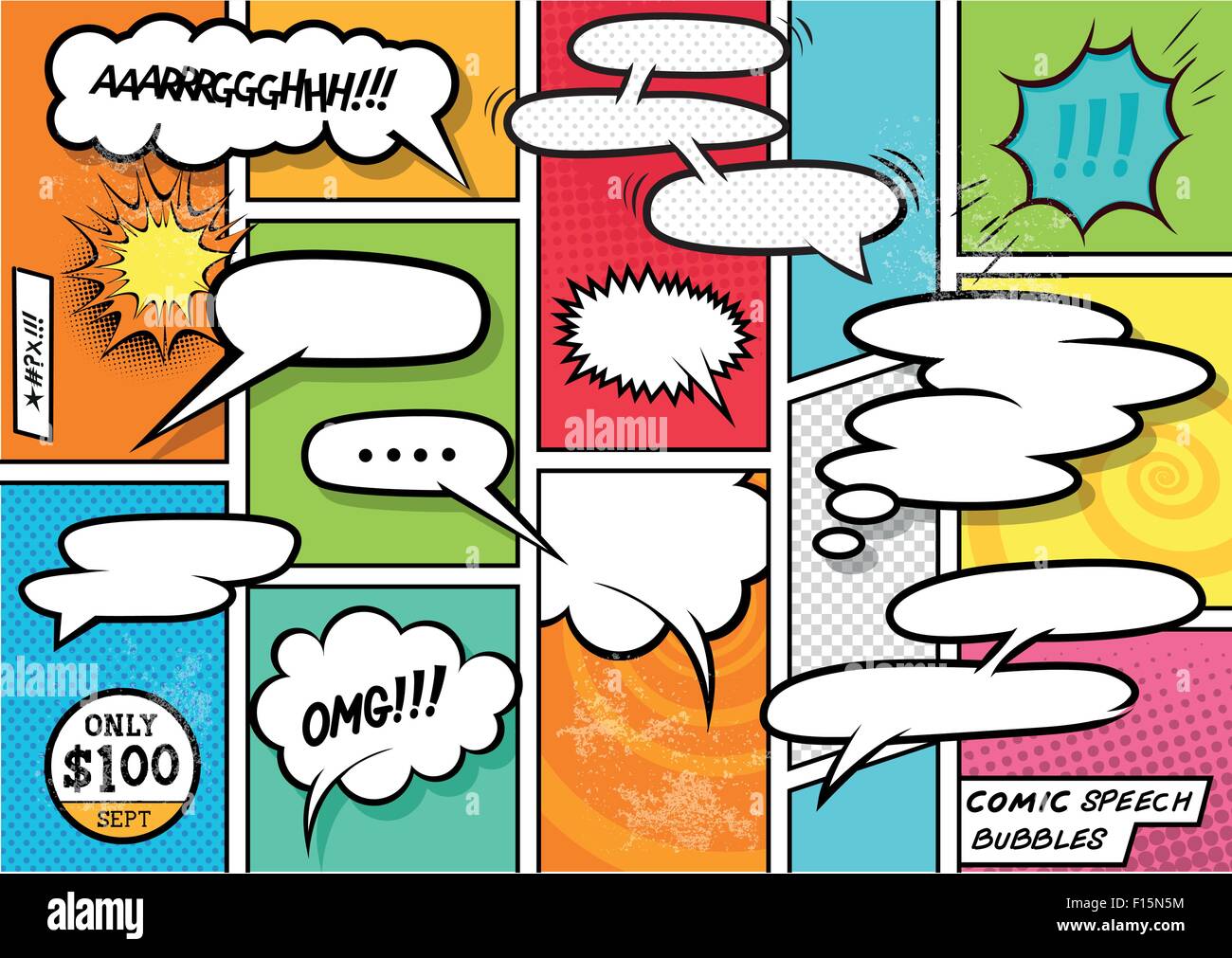 Comic Book Speech Bubbles. A set of colourful and retro comic book design elements with speech bubbles! Vector illustration. Stock Vector