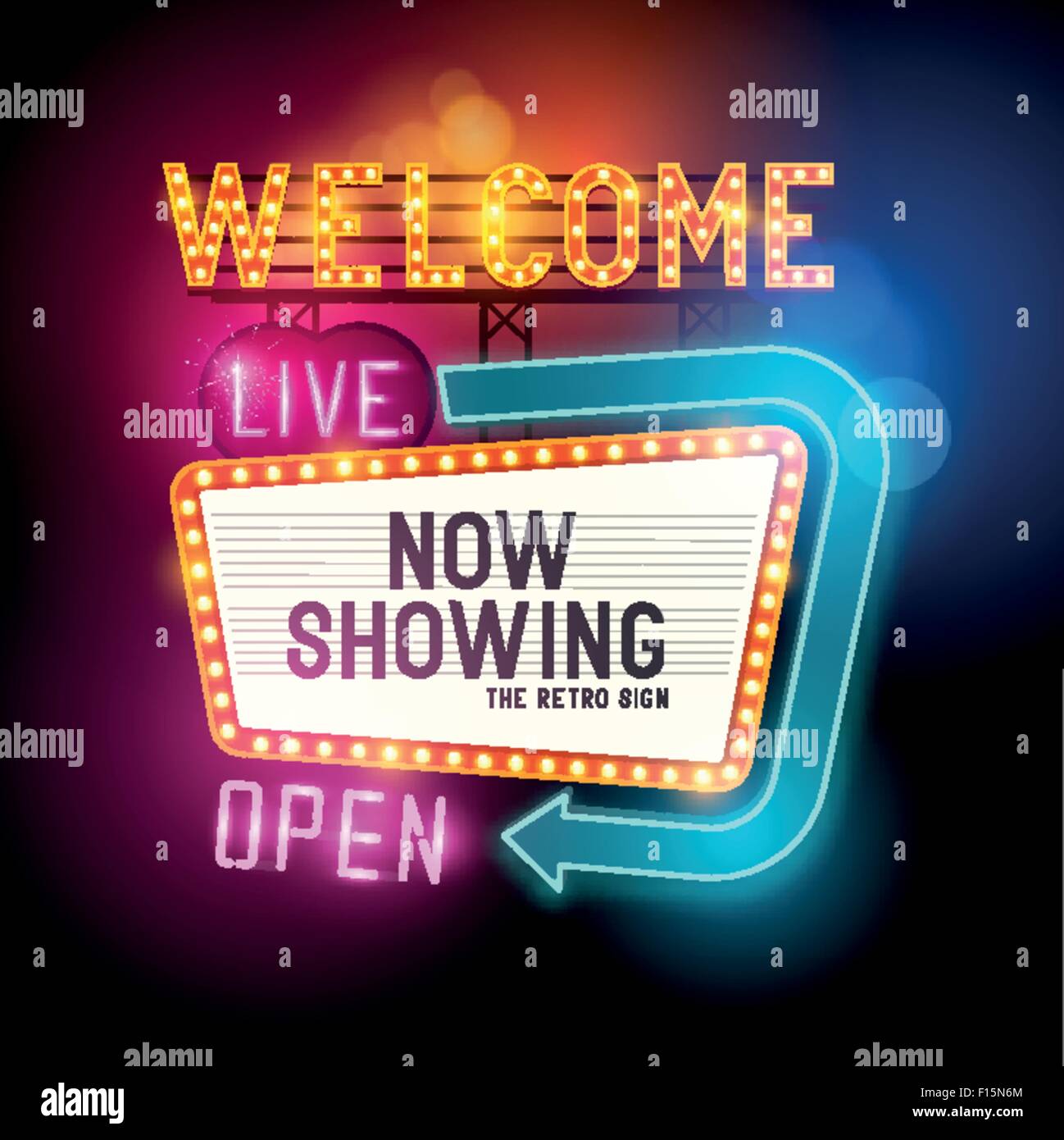 Retro Showtime Sign. Theatre cinema Sign with glowing neon signs. Vector illustration. Stock Vector