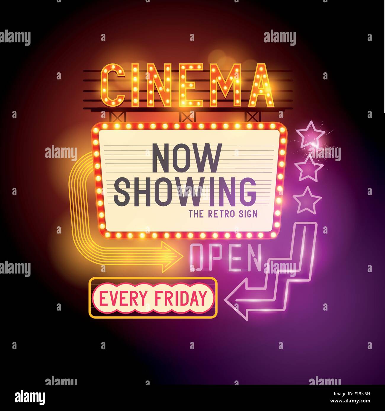 Retro Showtime Sign. Theatre cinema retro sign with glowing neon signs. Vector illustration. Stock Vector