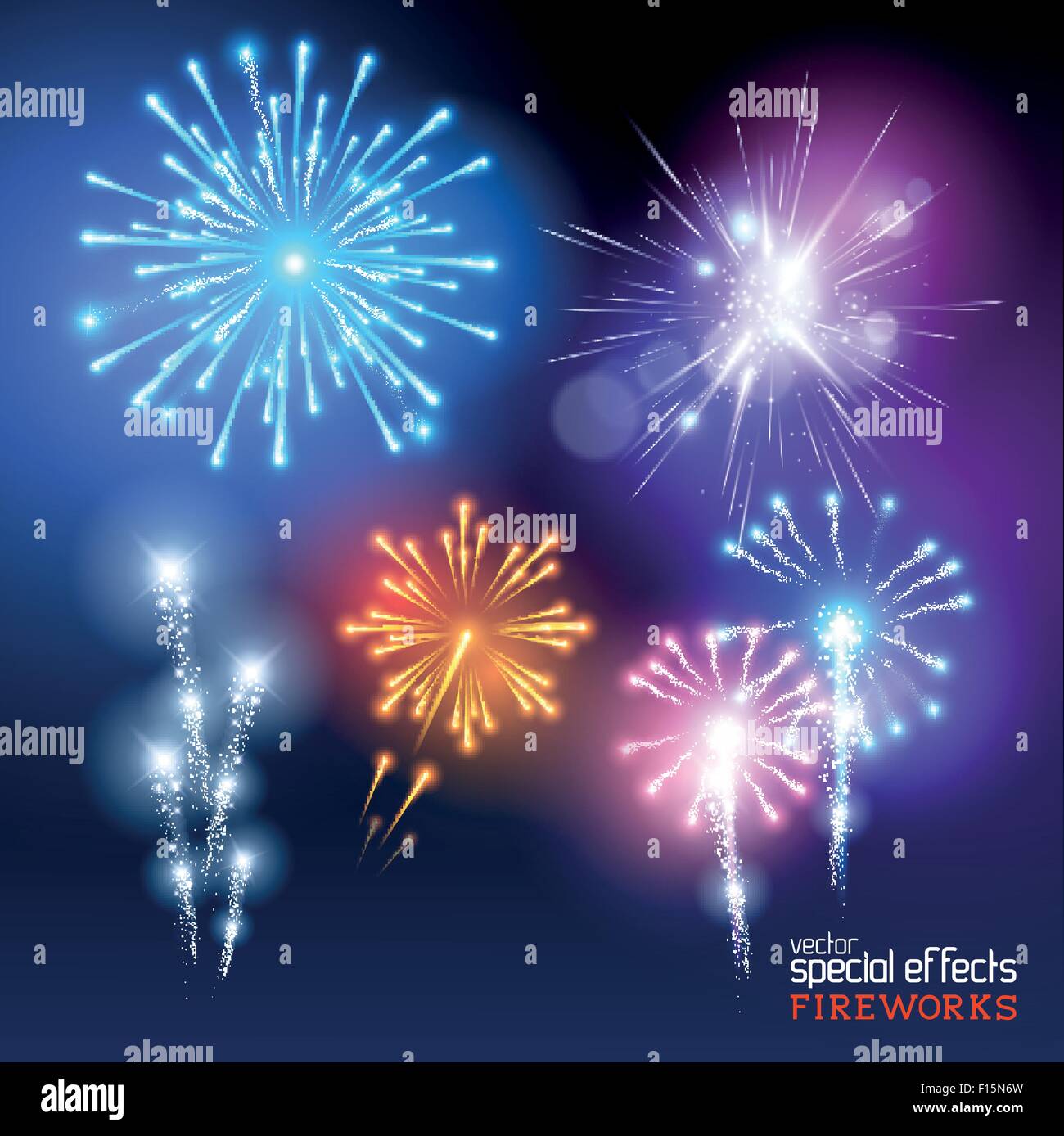 Vector Firework Collection. A set of various firework display effects. Vector illustration. Stock Vector