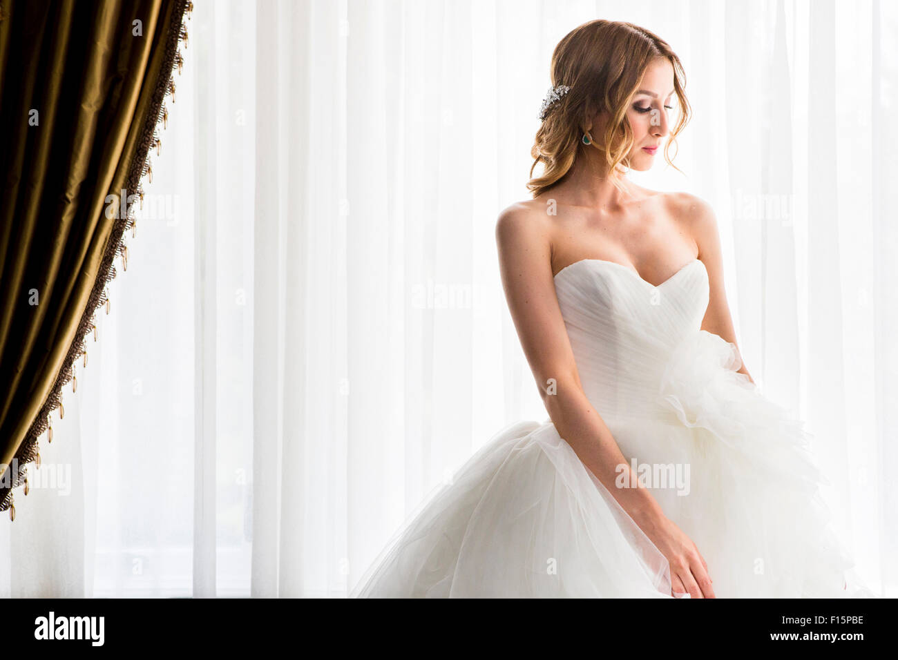 Portrait of Bride in Strapless Wedding Dress, Toronto, Ontario, Canada Stock Photo