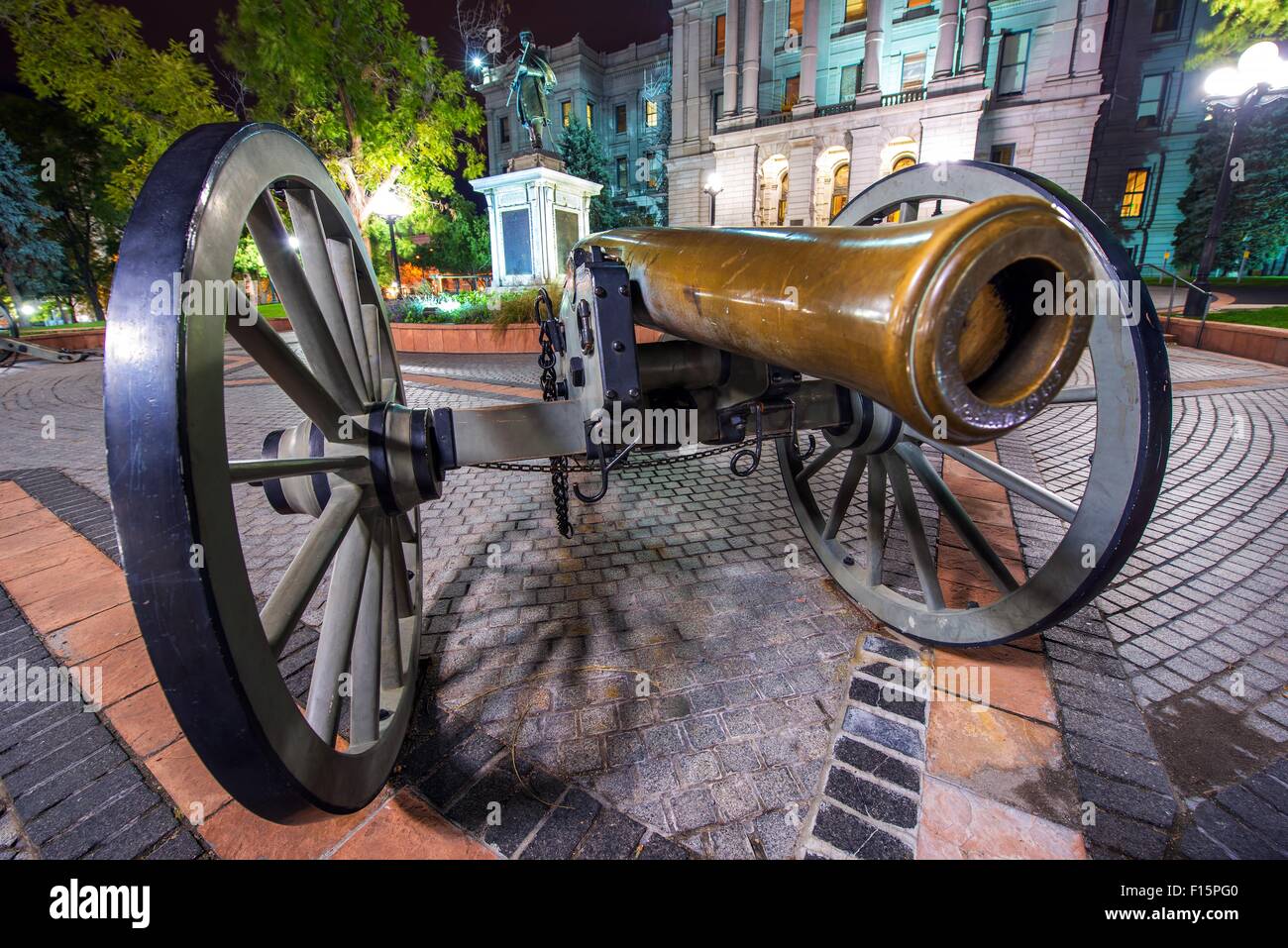 Large Cannon in Denver. Cannon in Front of Capitol Building at Night. Colorado, United States. Stock Photo