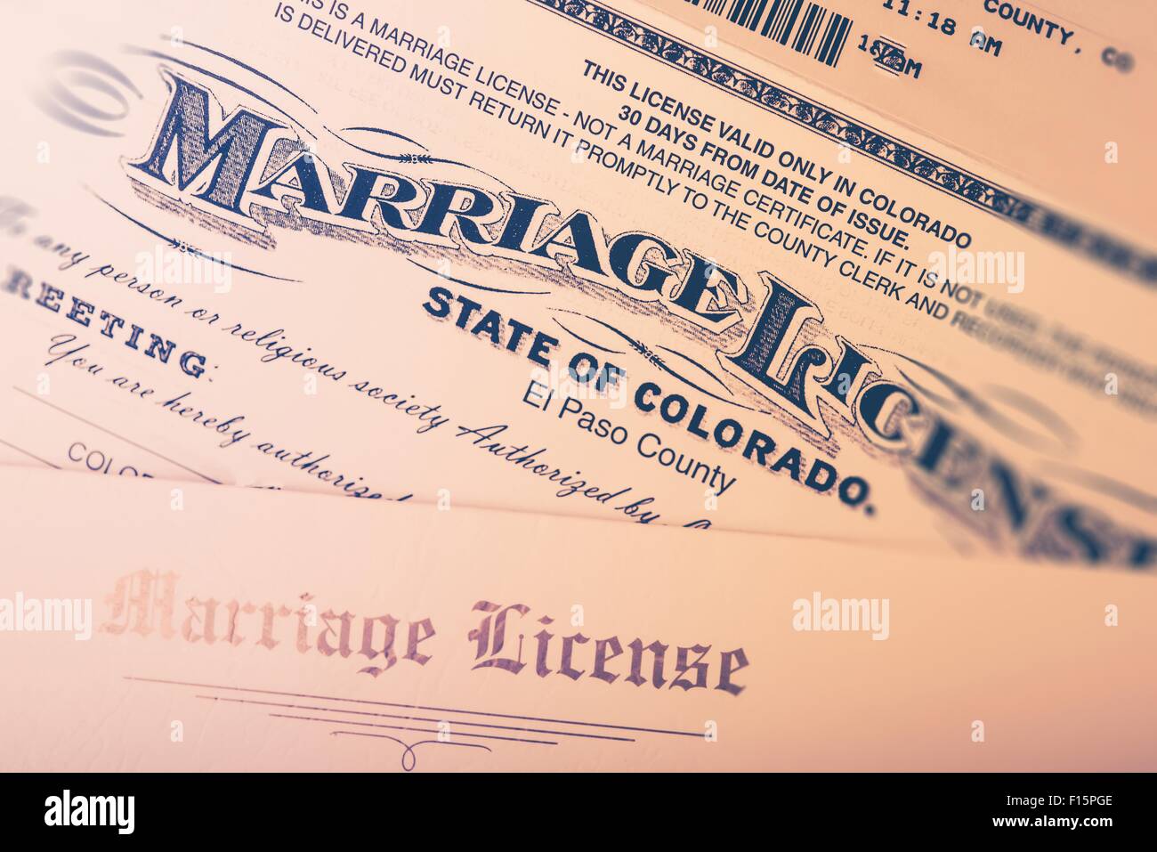 Marriage License Issued in Colorado State, United States. Marriage or Divorce Concept. Marriage License Document Closeup. Stock Photo