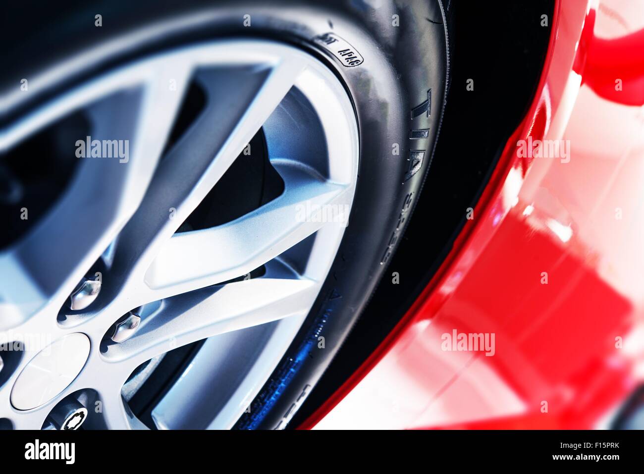 Modern Red Car Body Alloy Wheel Closeup. Modern Transportation Concept ...