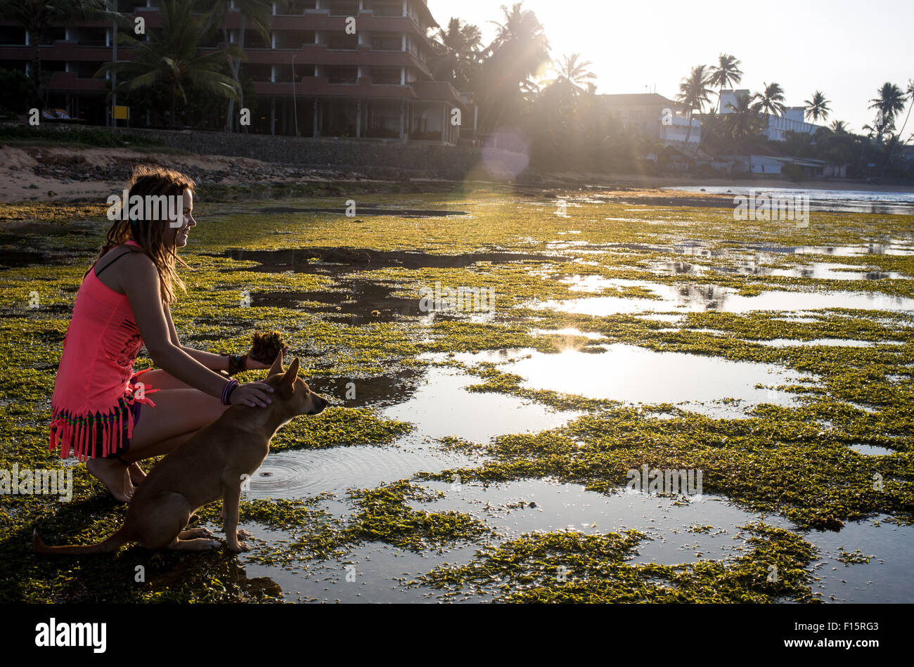 Trendy Hipster Girl with her Dog on Urban Background Stock Photo - Alamy